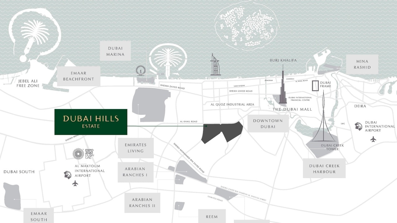Map of Dubai showing Dubai Hills Estate and its position relative to Downtown Dubai, DIFC, Dubai Marina, Palm Jumeirah, the beaches and both airports