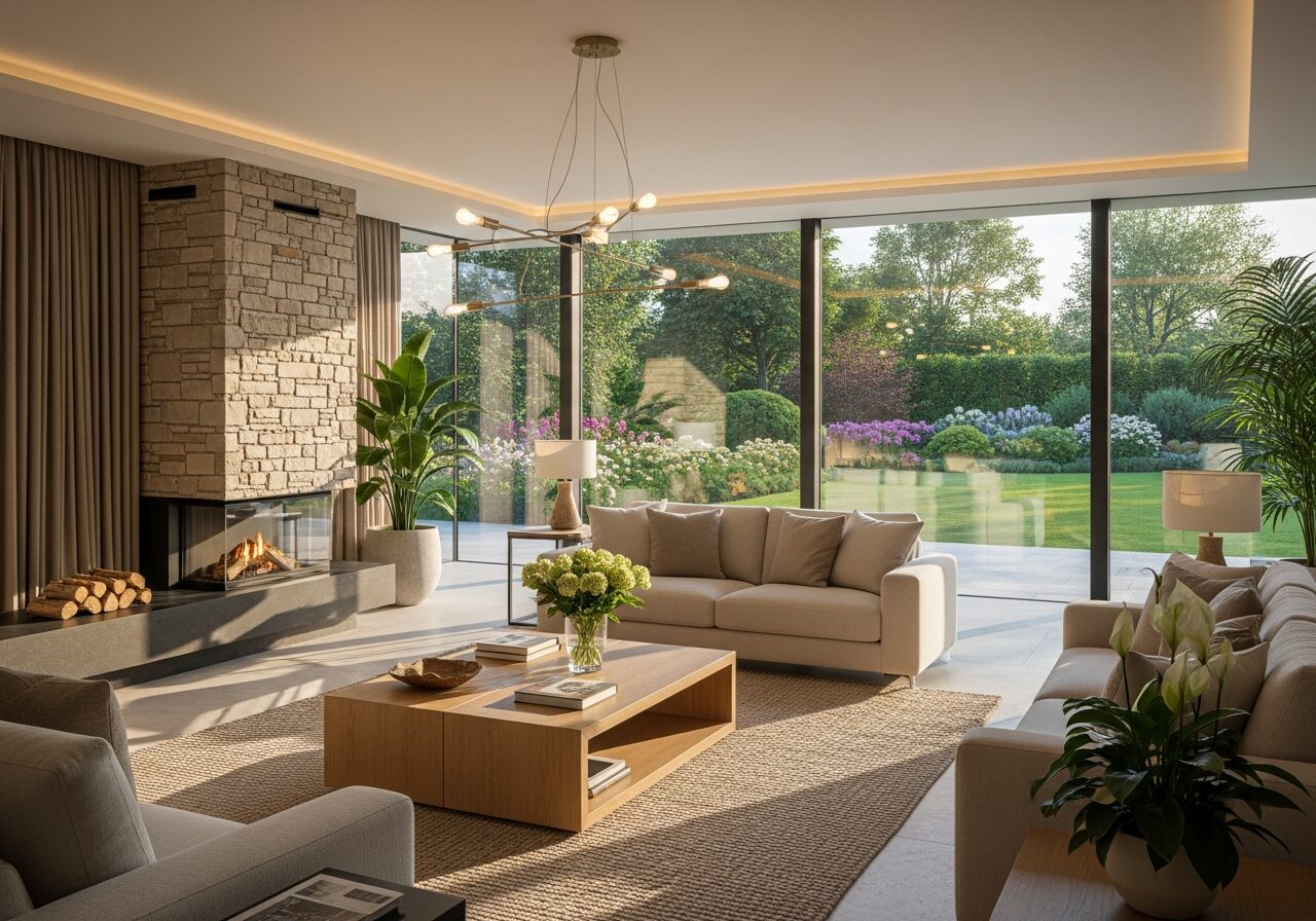 Bright open-plan luxury villa interior with floor to ceiling windows in Dubai Hills Estate